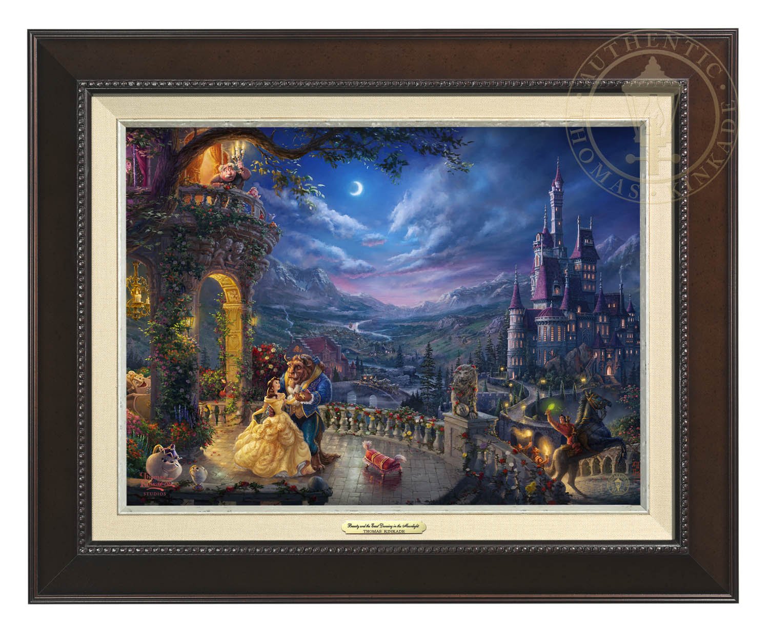 Belle and the Beast celebrate their love under the dreamy moonlit sky, with all their friend enjoying the moments - Espresso Frame