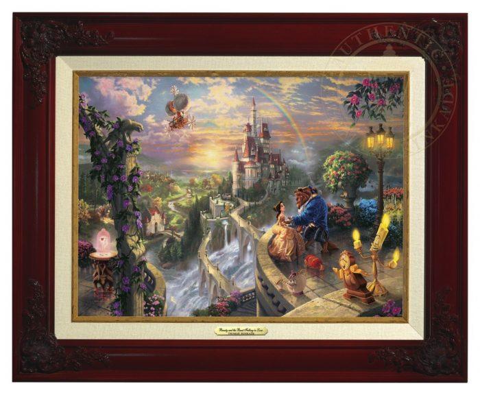 Belle’s eccentric father Maurice, Cogsworth, Mrs. Potts, and Lumiere all watch as the Belle and the Beast dance in castle's veranda overlooking the village below - Brandy Frame 