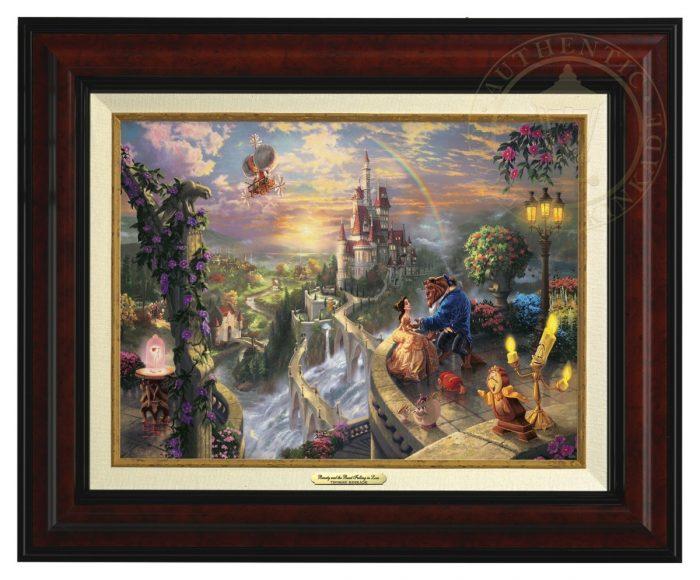 Belle’s eccentric father Maurice, Cogsworth, Mrs. Potts, and Lumiere all watch as the Belle and the Beast dance in castle's veranda overlooking the village below - Burl Frame 