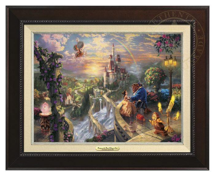 Belle’s eccentric father Maurice, Cogsworth, Mrs. Potts, and Lumiere all watch as the Belle and the Beast dance in castle's veranda overlooking the village below - Espresso Frame. 