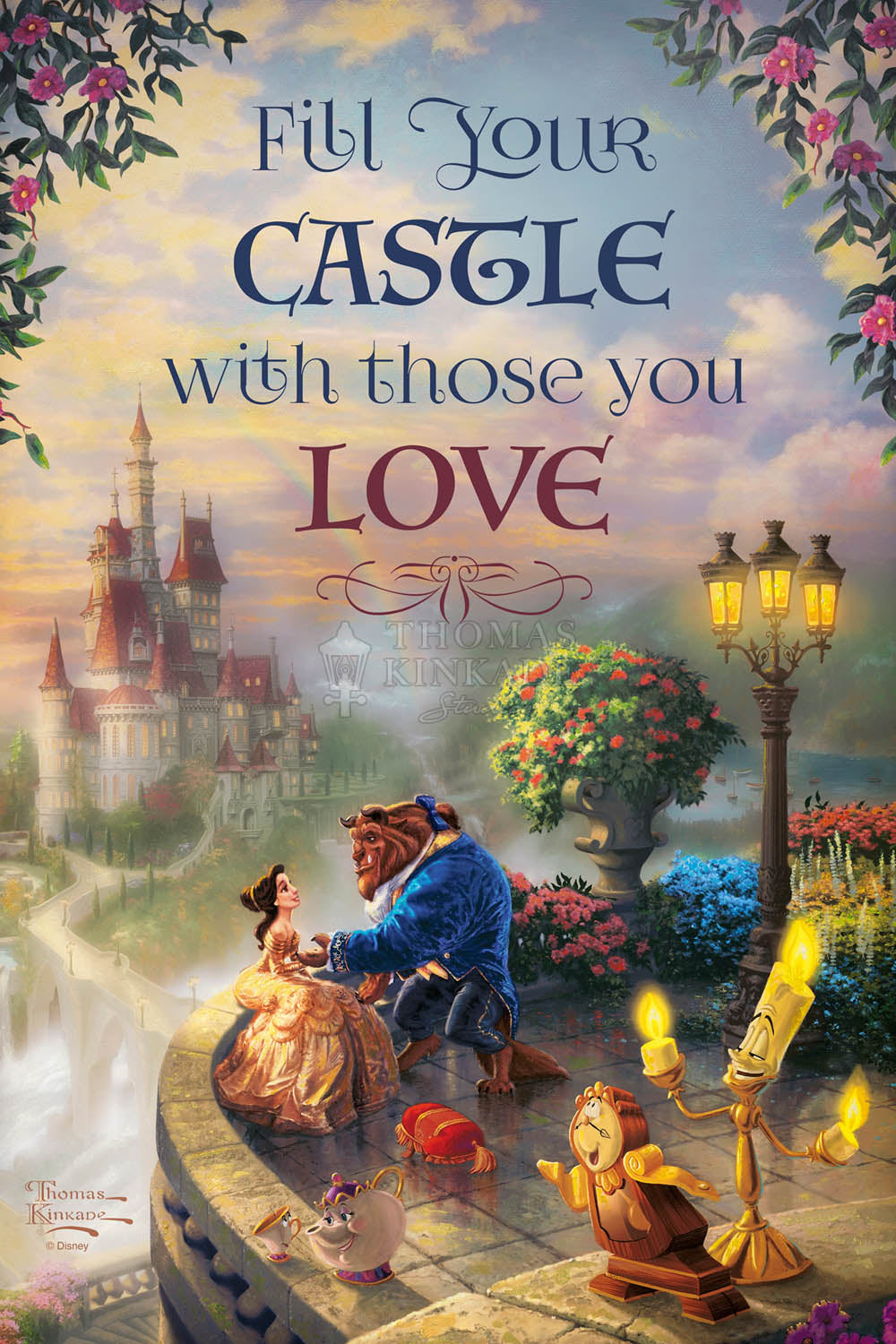  Fill your CASTLE with those you LOVE!  This scene has depicted the story from the townspeople, Belle and the Beast, upon the castle's veranda with Cogsworth, Mrs. Potts, and of course, Lumiere gathers around. - Wood Sign