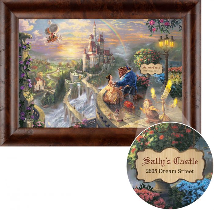 This scene has depicted the story from the townspeople, Belle and the Beast, upon the castle's veranda with Cogsworth, Mrs. Potts, and of course, Lumiere gathers around.  - Rustic Burl Frame