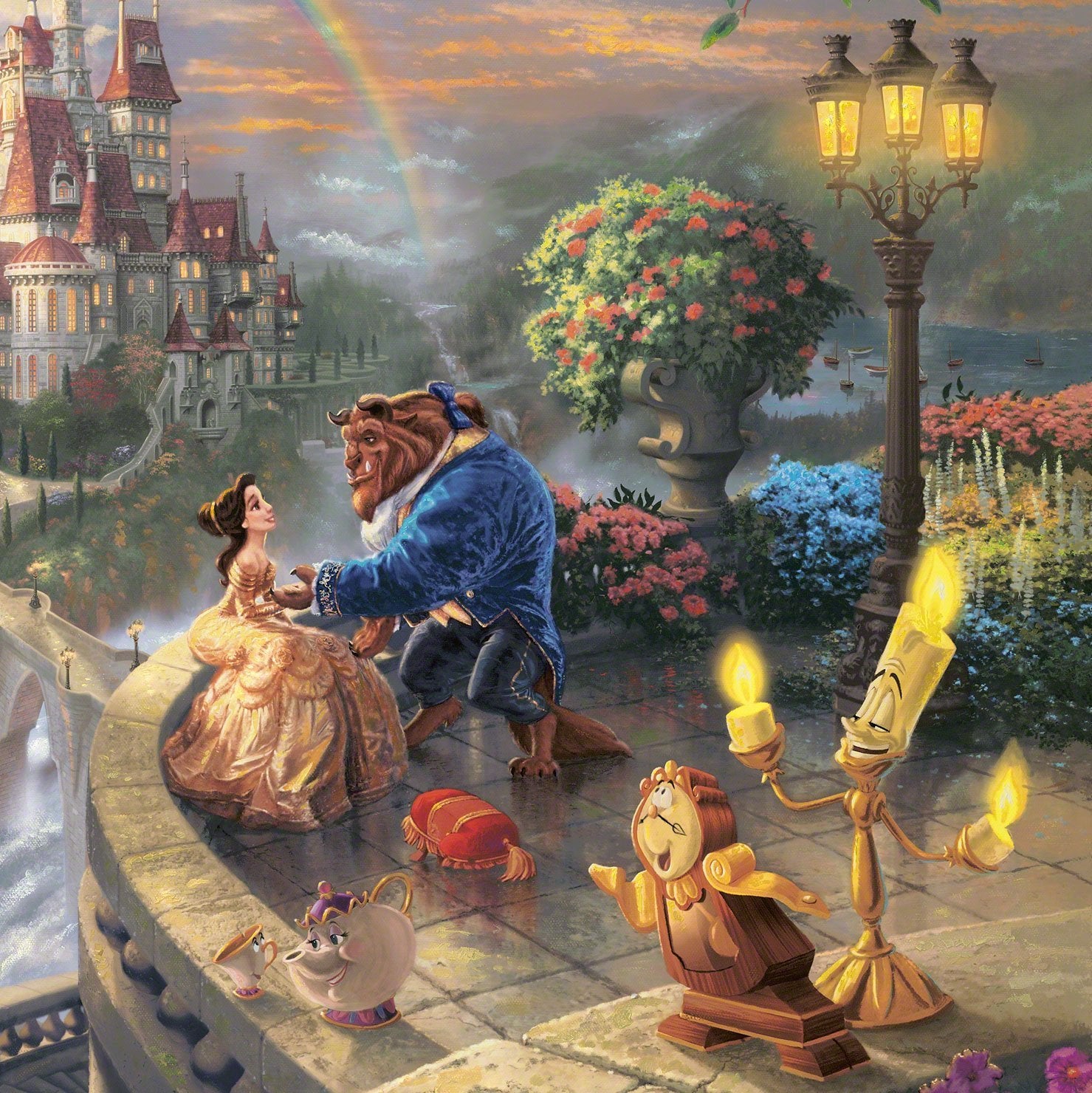 A view of the towns people in search of the with Belle and the Beast up on the castle's vernada with Cogsworth, Mrs. Potts, and of course, Lumiere gathered around - closeup