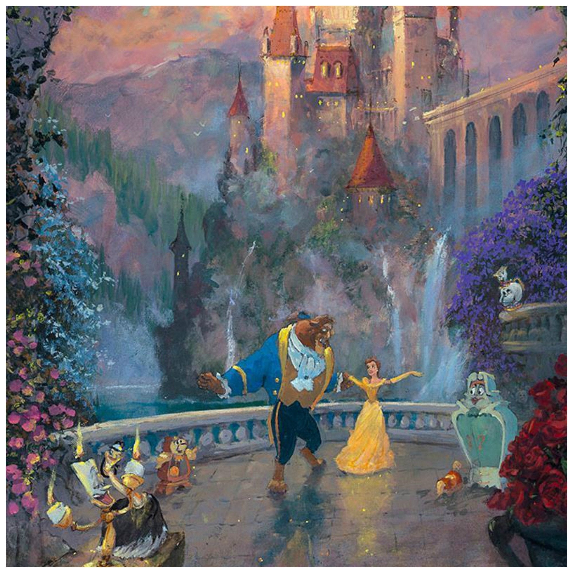 Beast and Belle dance to the tunes serenaded by Belle's newly found friends. The beautiful Beast's castle is in the background - closeup