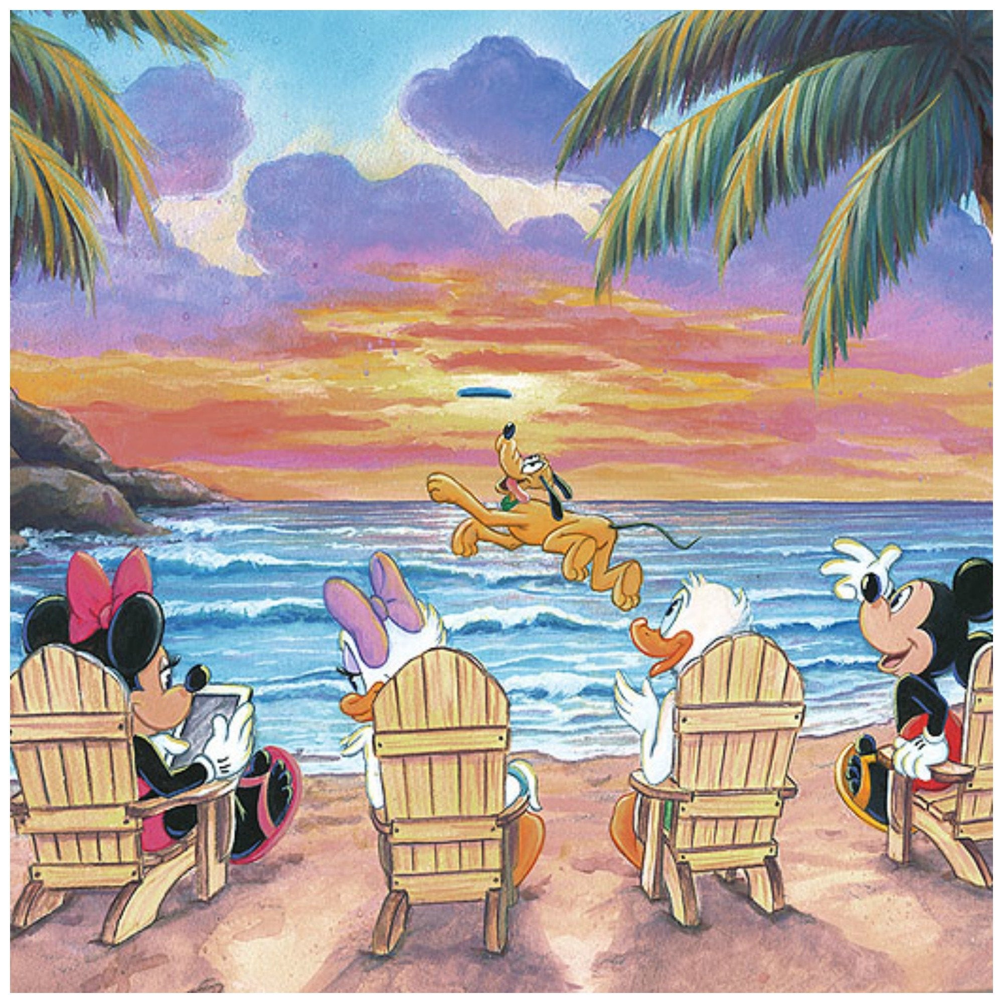 A Beautiful Day at the Beach by Michelle St. Laurent.  Mickey, Minnie, Daisy, and Donald spend the day sitting around the beach and watch Pluto play catch the frisbee - closeup