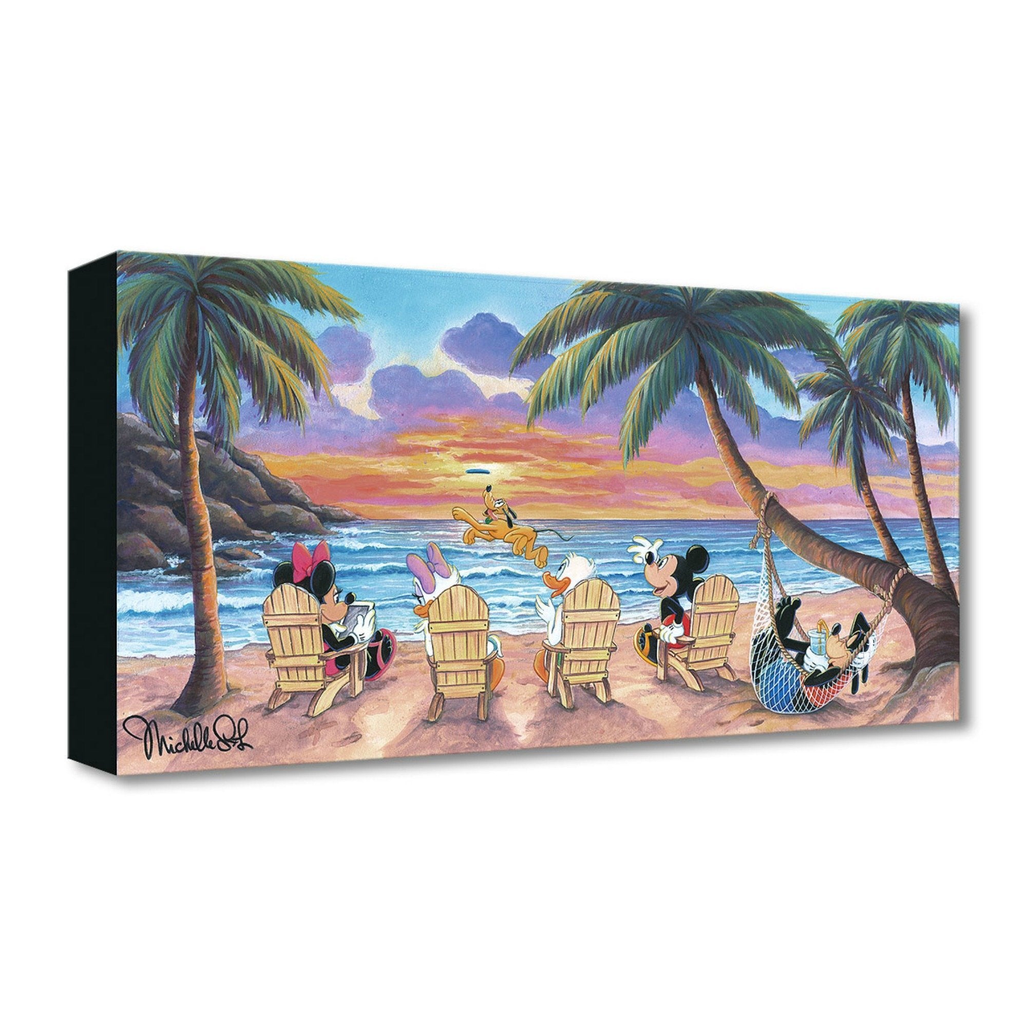 A Beautiful Day at the Beach by Michelle St. Laurent.  Mickey, Minnie, Daisy, and Donald spend the day sitting around the beach and watch Pluto play catch the frisbee.