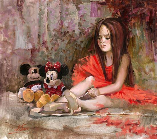 little ballerina playing with her stuffed friends, Mickey and Minnie