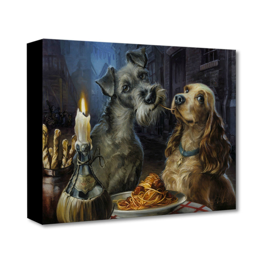 Lady and the Tramp enjoying a spaghetti and meatball dinner by candle light, inspired by Walt Disney&