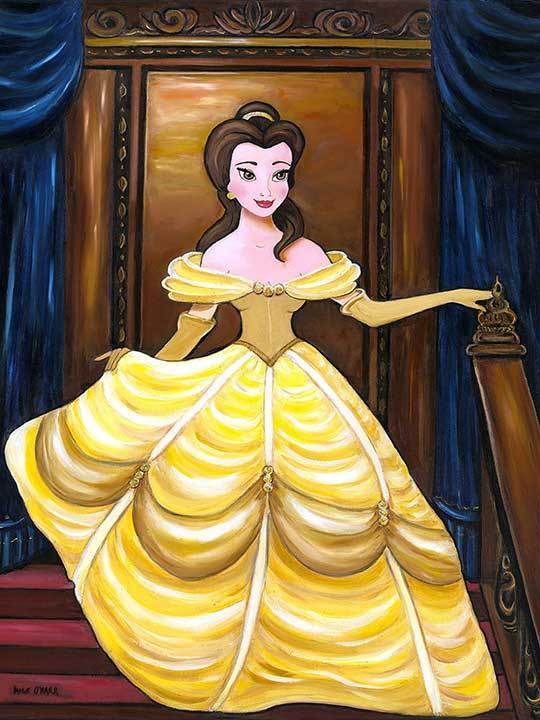 Belle comes down the castle's grand stairs, in an elegant golden color gown
