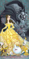 Belle in her beautiful yellow gown with Lumière, Cogsworth, Chip, Mrs. Potts and Babette at her side and the Beast in the background