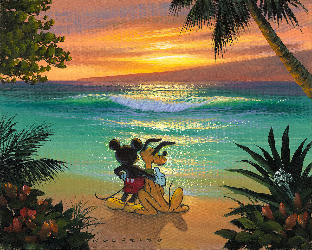 Mickey has his arm around Pluto as they watch the sunset at the beach.