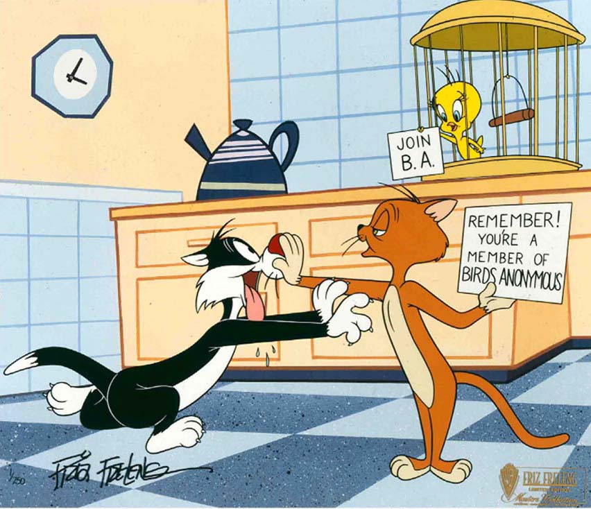 Sylvester is a member of the &quot;Birds Anonymous.&quot; show with Tweety Bird in his cage.