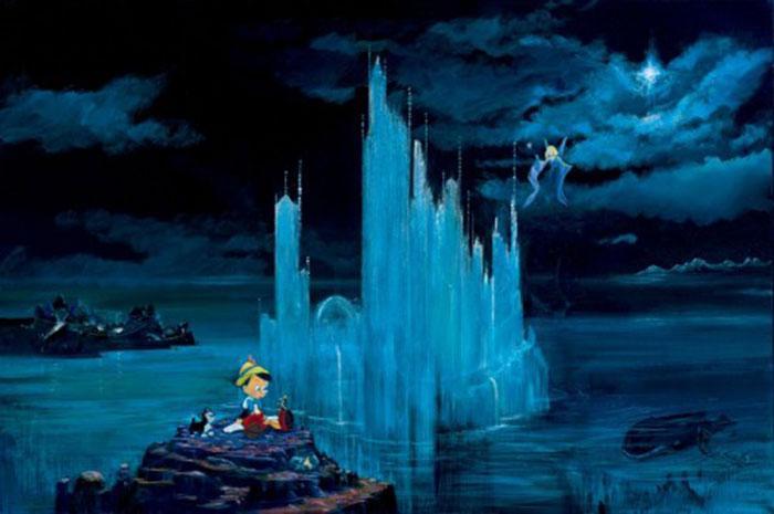 Blue Fairy is watching over for Pinocchio, Jiminy Cricket and Figaro as they sit by the Blue Castle&