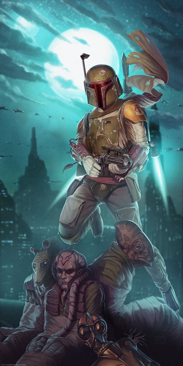 Boba Fett standing over with his captured bounty