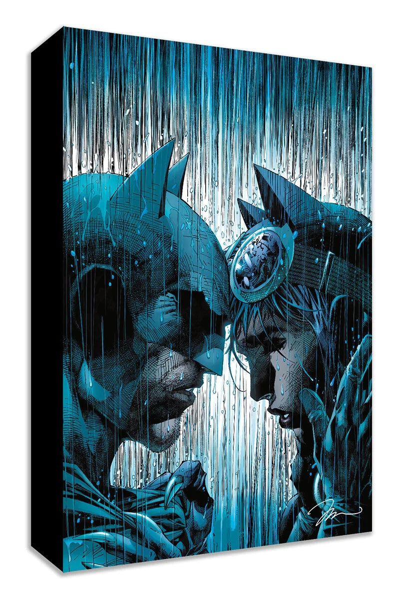 This image was issued as a variant cover to commemorate Batman and Catwoman’s upcoming wedding, standing head to head in the rain.