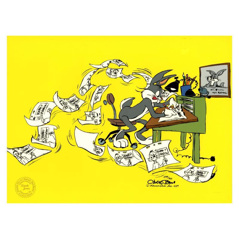 Bugs Bunny hard at work drawing animations at an artist desk with papers flying everywhere. 
