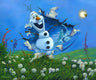 Olaf the snowman from Disney's Movie "Frozen" bursting into a blue sky on a spring day