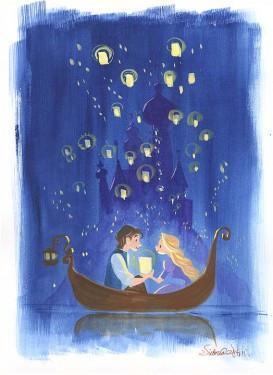 Rapunzel and Flynn on the lake, watching the lanterns go up