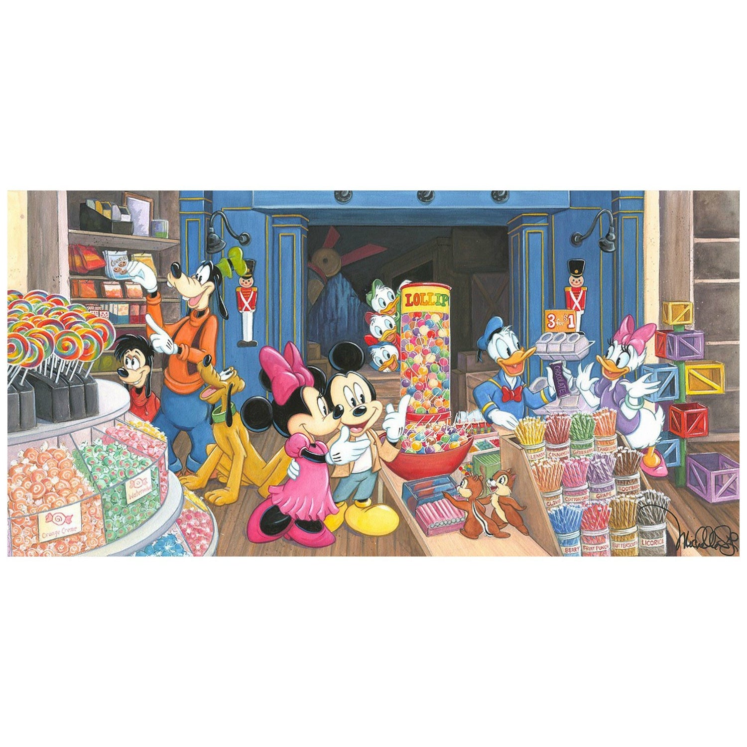 Mickey, Minnie and the gang browse through the local candy store.