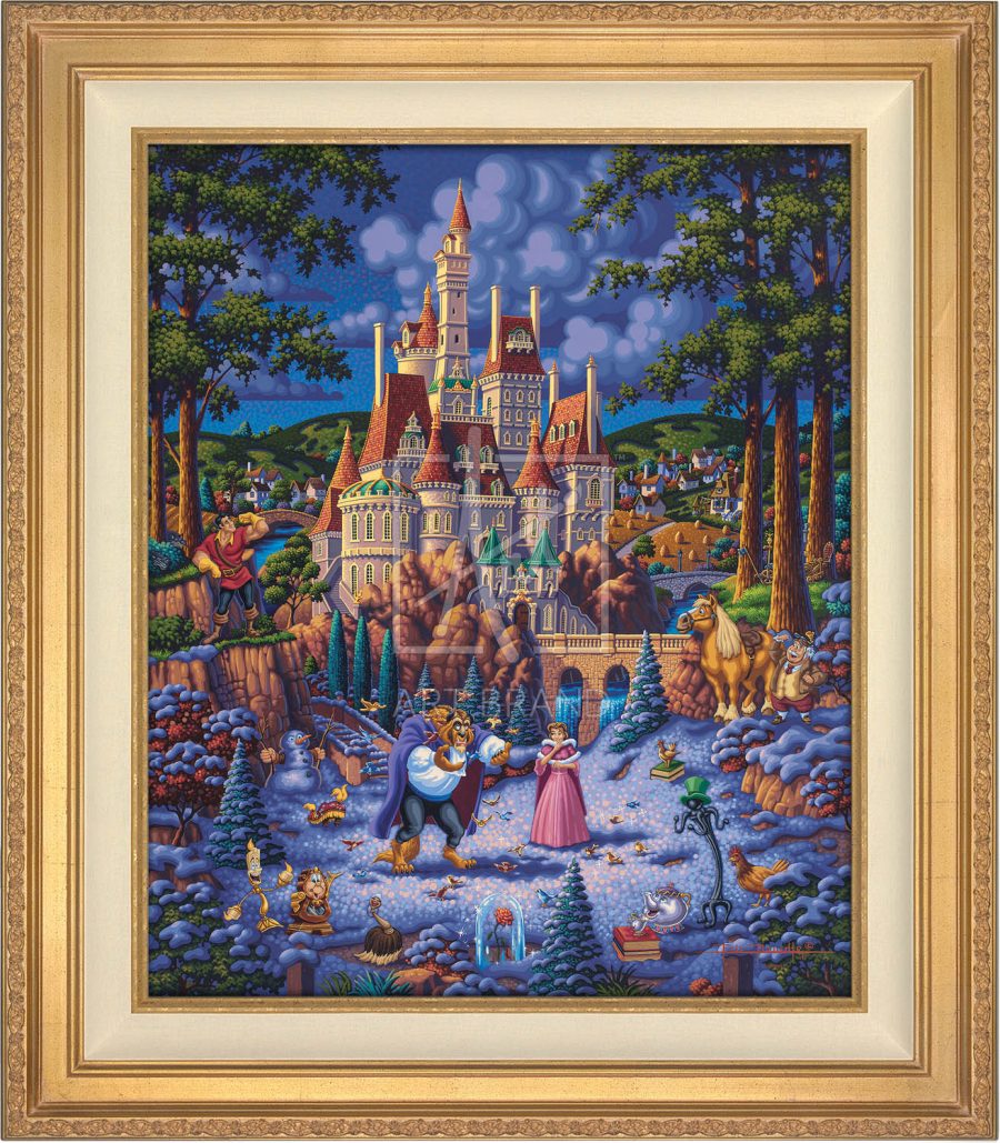 Belle and the Beast begin to fall in love. As she helps him try to feed the birds in the snow - Antique Gold Frame
