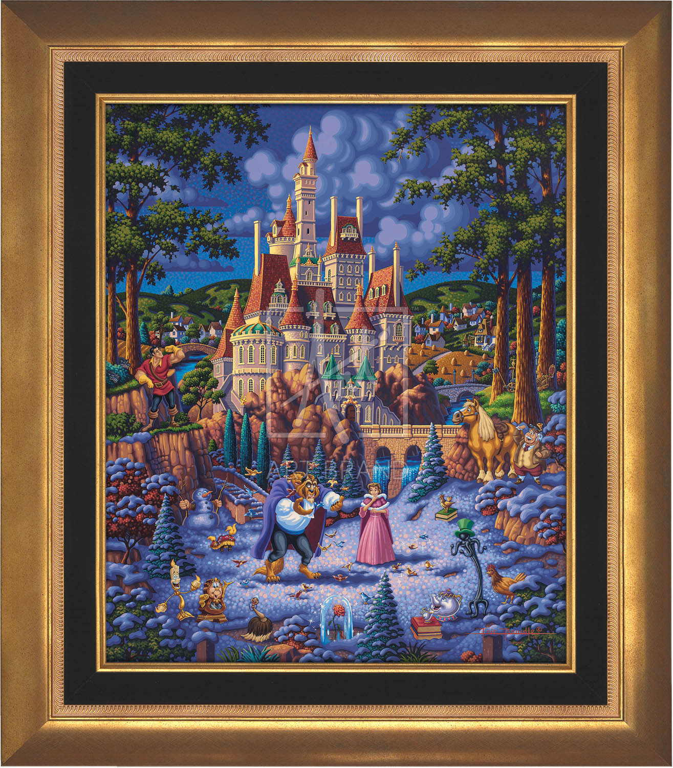 Belle and the Beast begin to fall in love. As she helps him try to feed the birds in the snow - Aurora Gold Frame