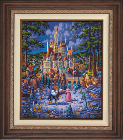 Belle and the Beast begin to fall in love. As she helps him try to feed the birds in the snow - Dark Walnut Frame