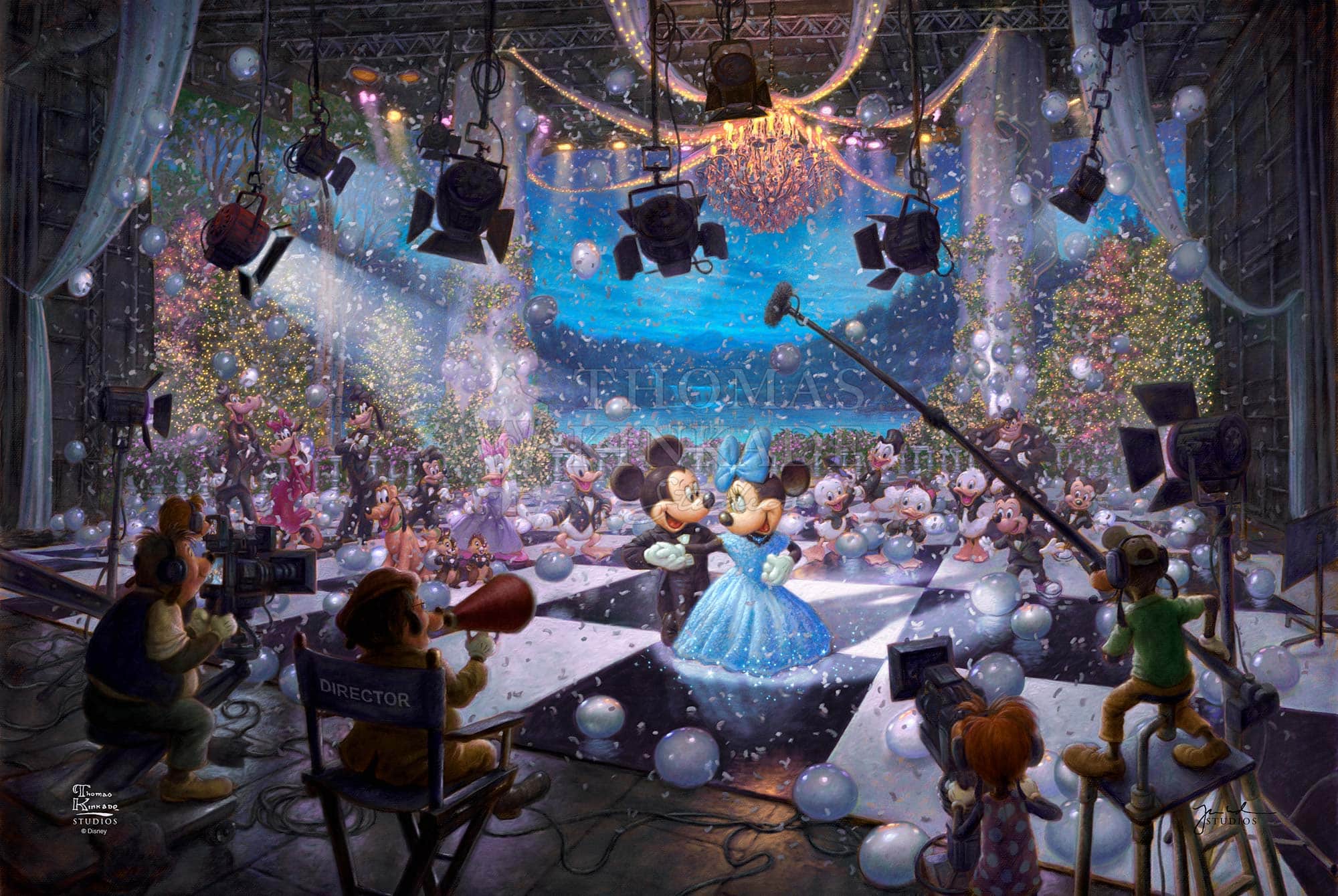 Disney 100th Celebration by Thomas Kinkade Studios  Mickey Mouse and Minnie Mouse have taken up their position on the dance floor, waiting for their cue from the director to start the dance number. - Unframed Canvas
