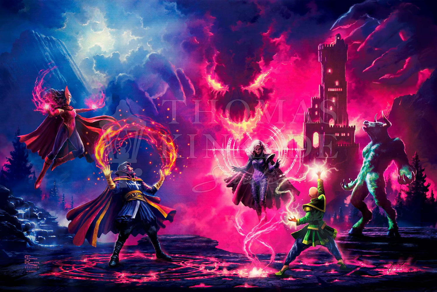 Doctor Strange and the Dark Despot, Dormammu. Scarlet Witch, the mistress of “Hex Power”, Rintrah and Wong have entered the skirmish to join forces with Doctor Strange against the immortal energy of Dormammu. - Unframed