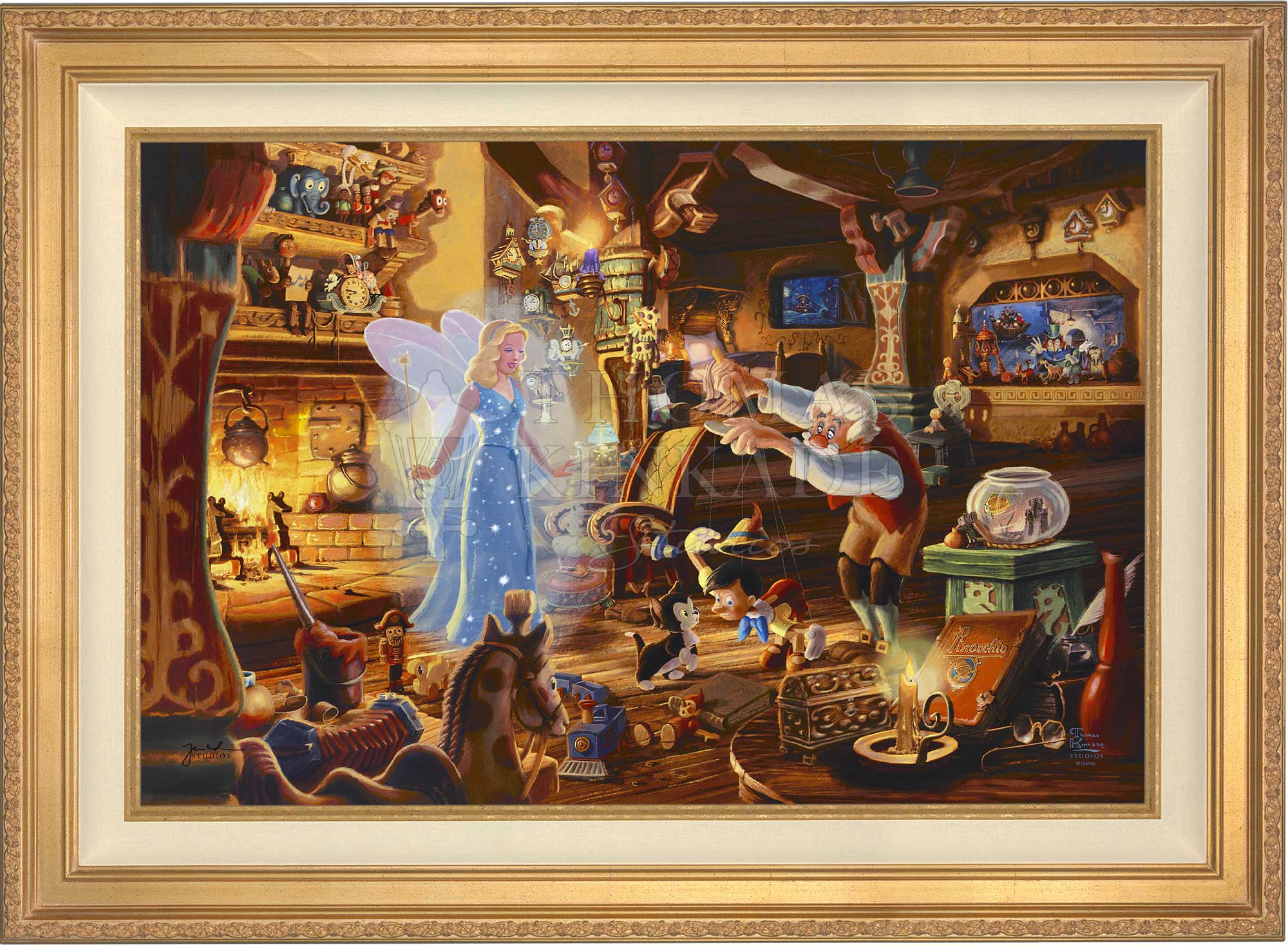 The Blue Fairy is poised to make this wish come true. Joy fills the workshop as Geppetto’s wish is granted.  The faces of Jiminy Cricket and Cleo as they watch the sweet interaction of Figaro meeting Pinocchio for the very first time. Antique Gold Frame