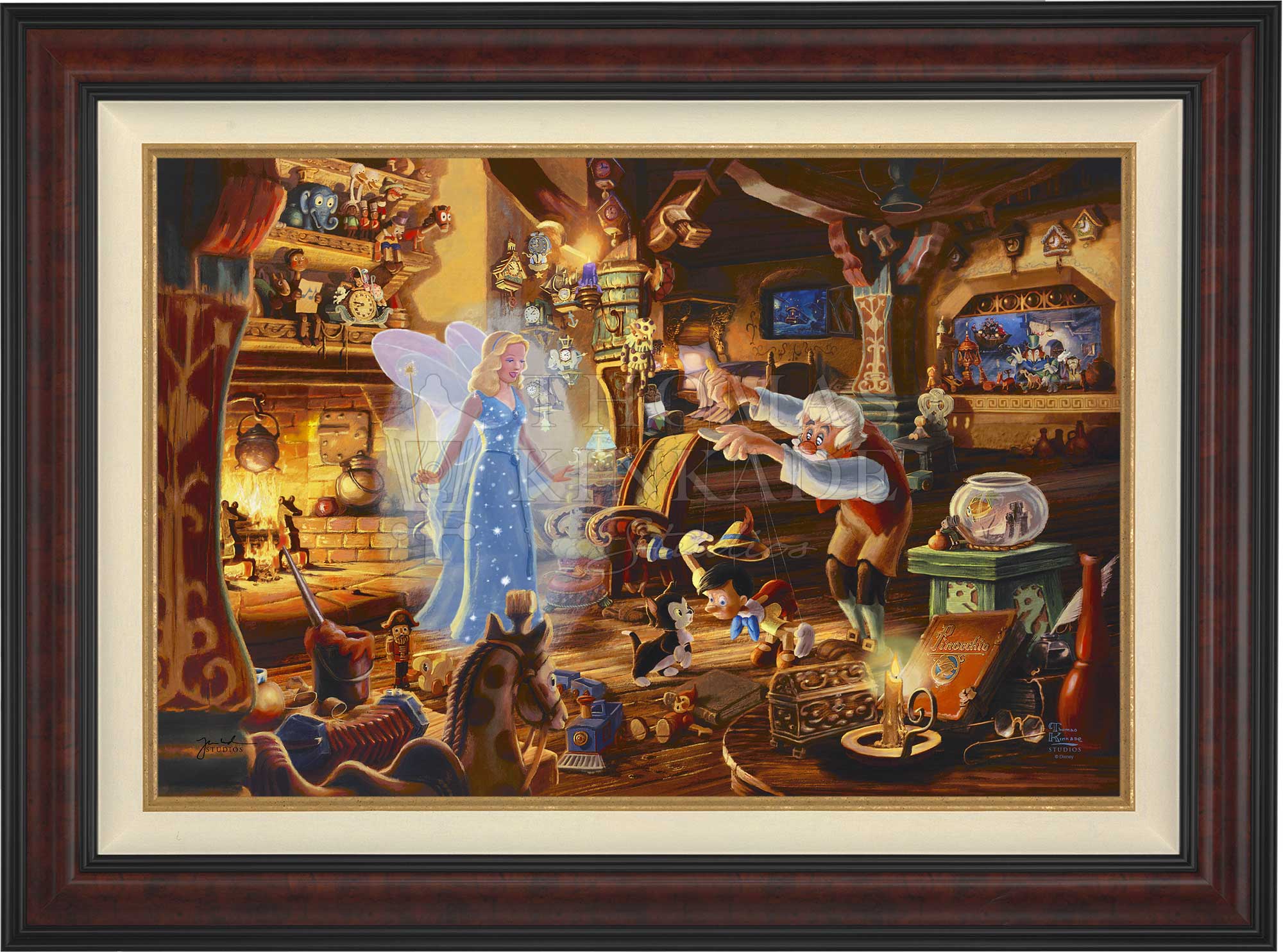 The Blue Fairy is poised to make this wish come true. Joy fills the workshop as Geppetto’s wish is granted.  The faces of Jiminy Cricket and Cleo as they watch the sweet interaction of Figaro meeting Pinocchio for the very first time. Burl Frame