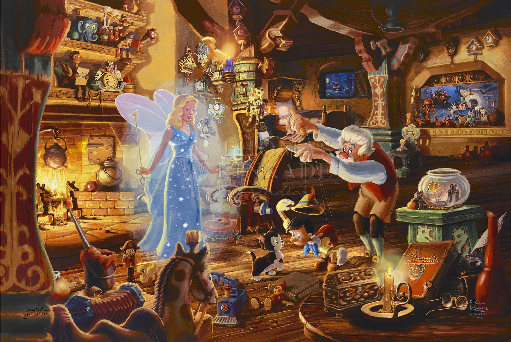 The Blue Fairy is poised to make this wish come true. Joy fills the workshop as Geppetto’s wish is granted.  The faces of Jiminy Cricket and Cleo as they watch the sweet interaction of Figaro meeting Pinocchio for the very first time. Unframed