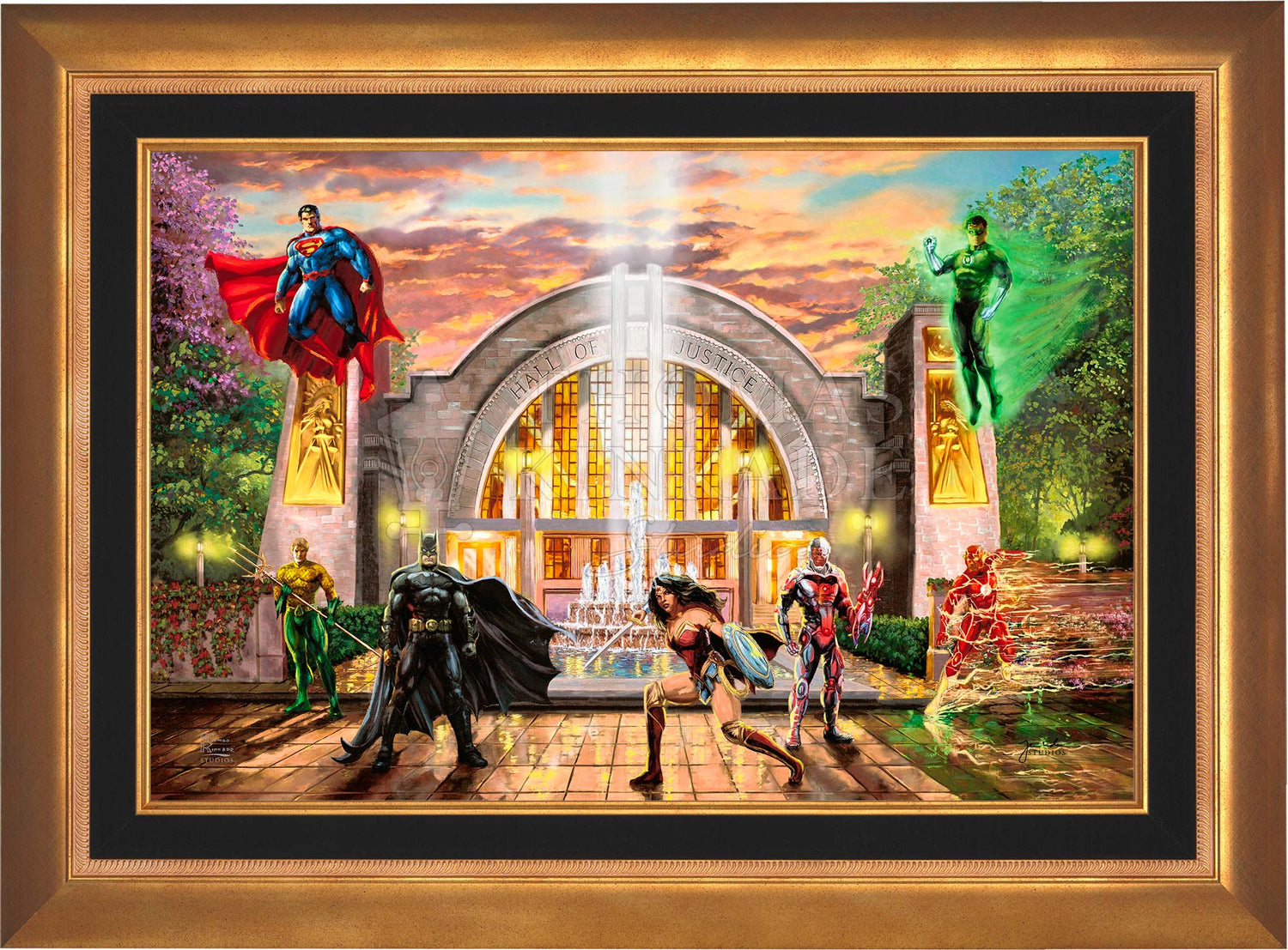 Hall of Justice by Thomas Kinkade Studios.  In Hall of Justice the intrepid heroes-Batman, Wonder Woman, Cyborg, Aquaman, Green Lantern, Superman, and The Flash – have been called into action.  - Aurora Copper - Frame