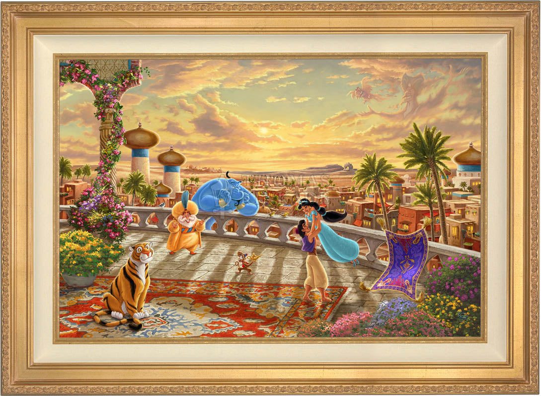 The setting sun casts a romantic glow over the kingdom of Agrabah as Aladdin twirls Jasmine around the palace balcony - Antique Gold Frame.