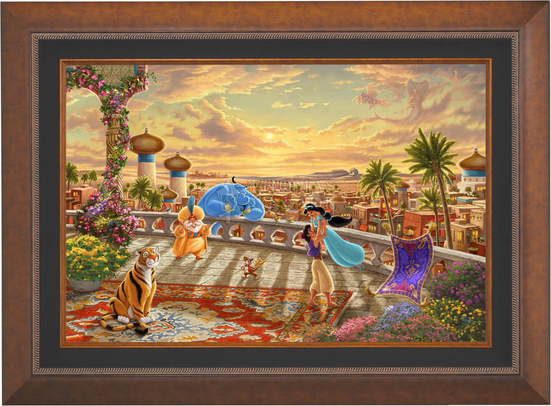 The setting sun casts a romantic glow over the kingdom of Agrabah as Aladdin twirls Jasmine around the palace balcony - Aurora Copper Frame.