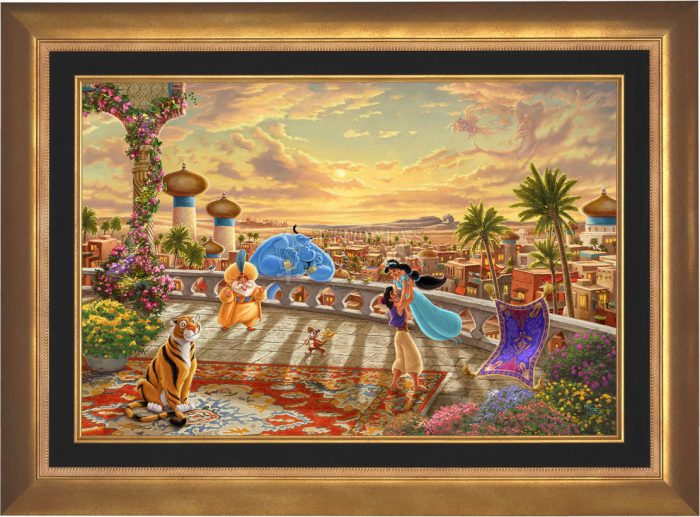The setting sun casts a romantic glow over the kingdom of Agrabah as Aladdin twirls Jasmine around the palace balcony - Aurora Gold Frame.