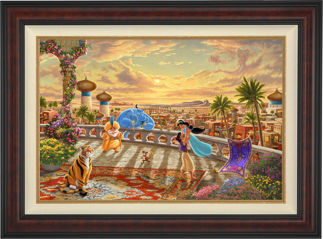 The setting sun casts a romantic glow over the kingdom of Agrabah as Aladdin twirls Jasmine around the palace balcony - Burl Frame.
