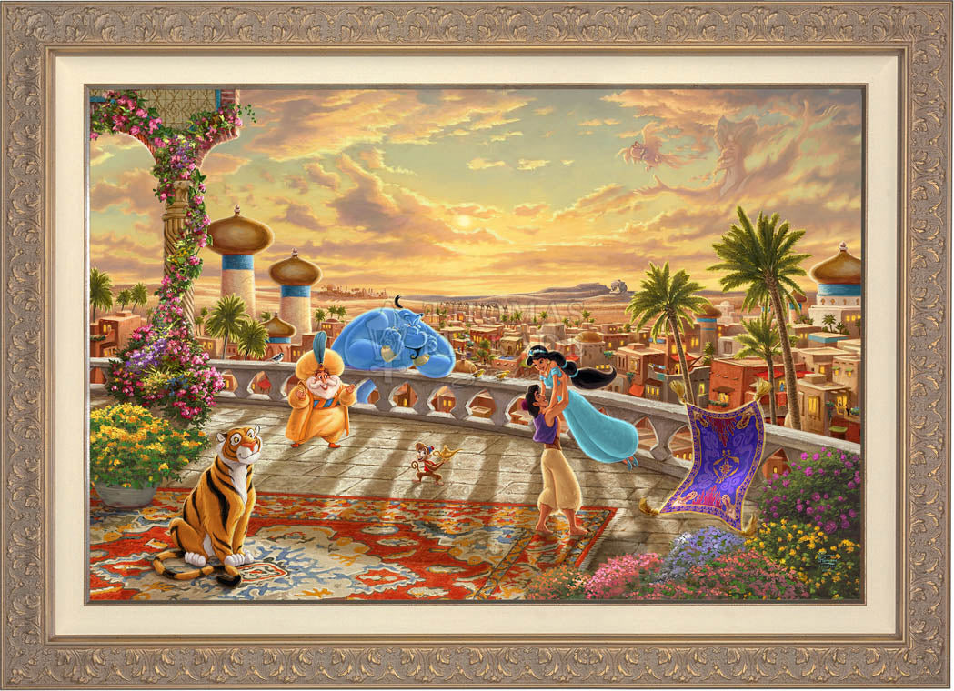 The setting sun casts a romantic glow over the kingdom of Agrabah as Aladdin twirls Jasmine around the palace balcony - Carrisa Frame.