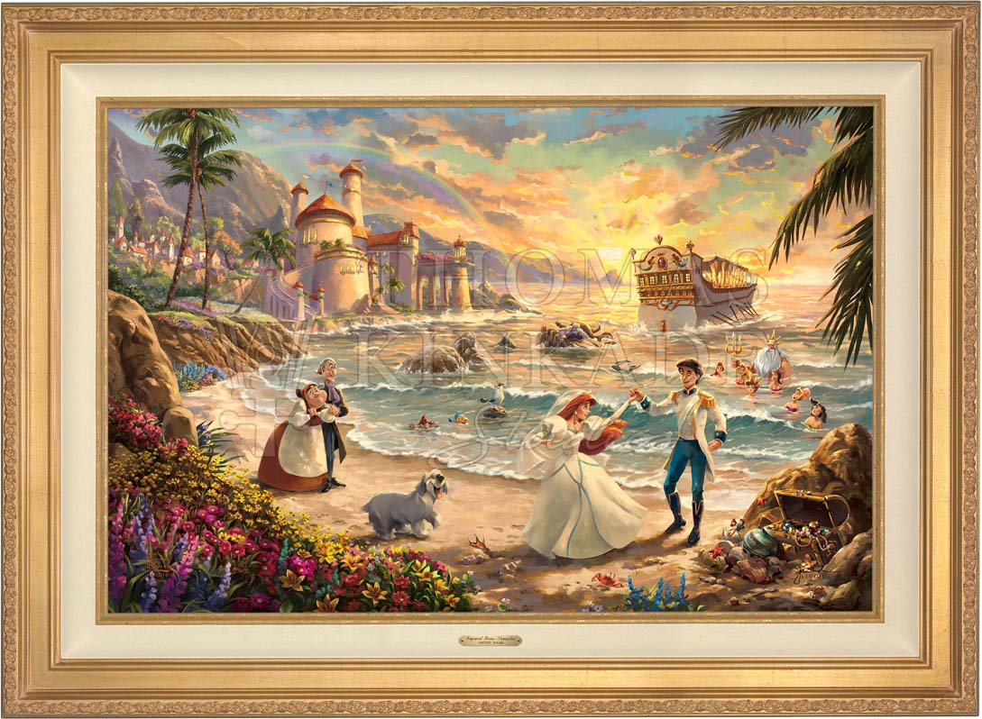Ariel dances on the sand with her one true love Prince Eric. Max is happily dancing beside them as Sebastian, Flounder, and Scuttle watch from the shore. Ariel’s father, King Triton, sweetly smiles beside his other daughters as they celebrate the love she has found.  - Antique Frame
