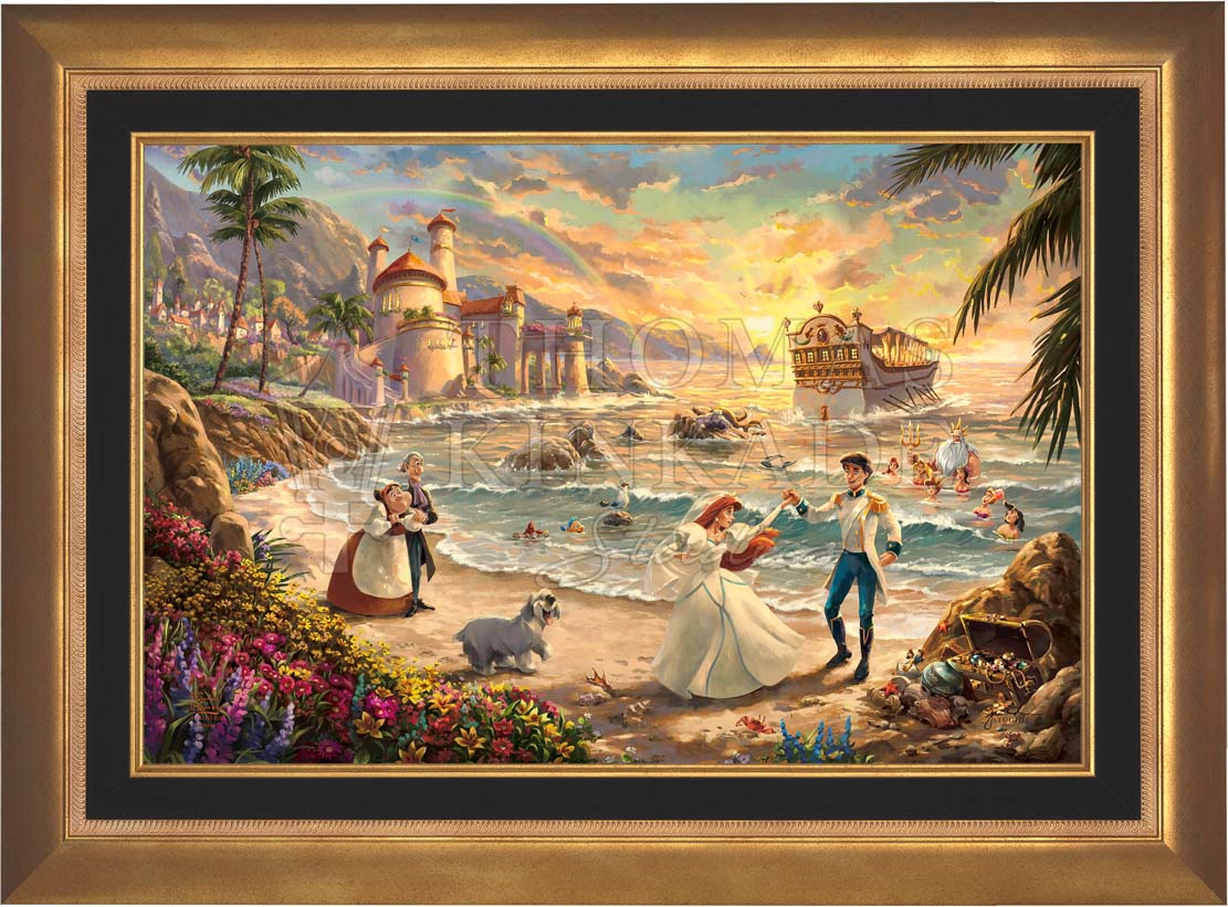 Ariel dances on the sand with her one true love Prince Eric. Max is happily dancing beside them as Sebastian, Flounder, and Scuttle watch from the shore. Ariel’s father, King Triton, sweetly smiles beside his other daughters as they celebrate the love she has found. - Aurora Frame