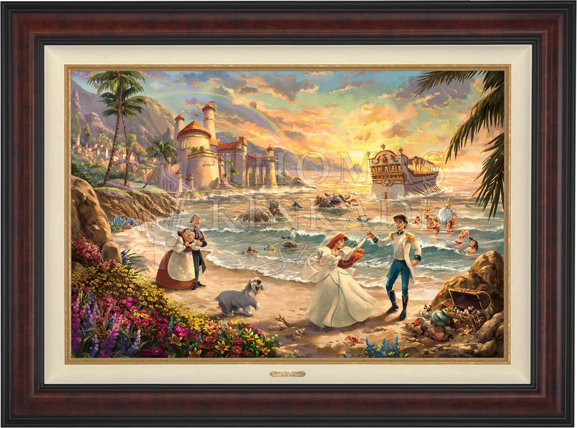 Ariel dances on the sand with her one true love Prince Eric. Max is happily dancing beside them as Sebastian, Flounder, and Scuttle watch from the shore. Ariel’s father, King Triton, sweetly smiles beside his other daughters as they celebrate the love she has found.  - Burl Frame