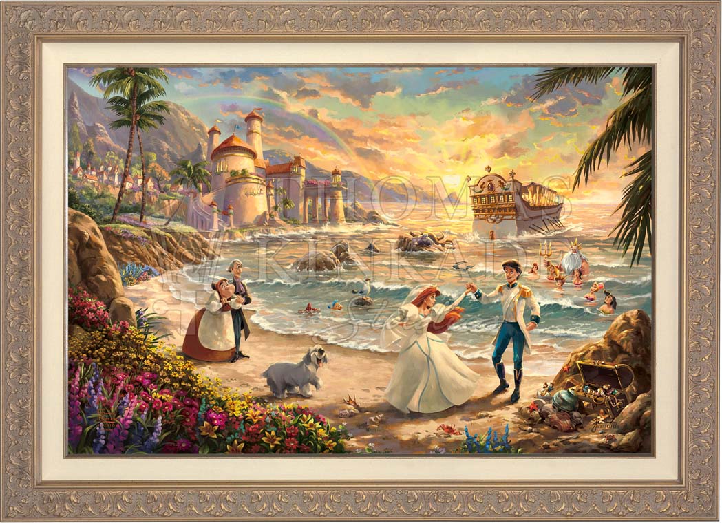 Ariel dances on the sand with her one true love Prince Eric. Max is happily dancing beside them as Sebastian, Flounder, and Scuttle watch from the shore. Ariel’s father, King Triton, sweetly smiles beside his other daughters as they celebrate the love she has found.  - Carrisa Frame