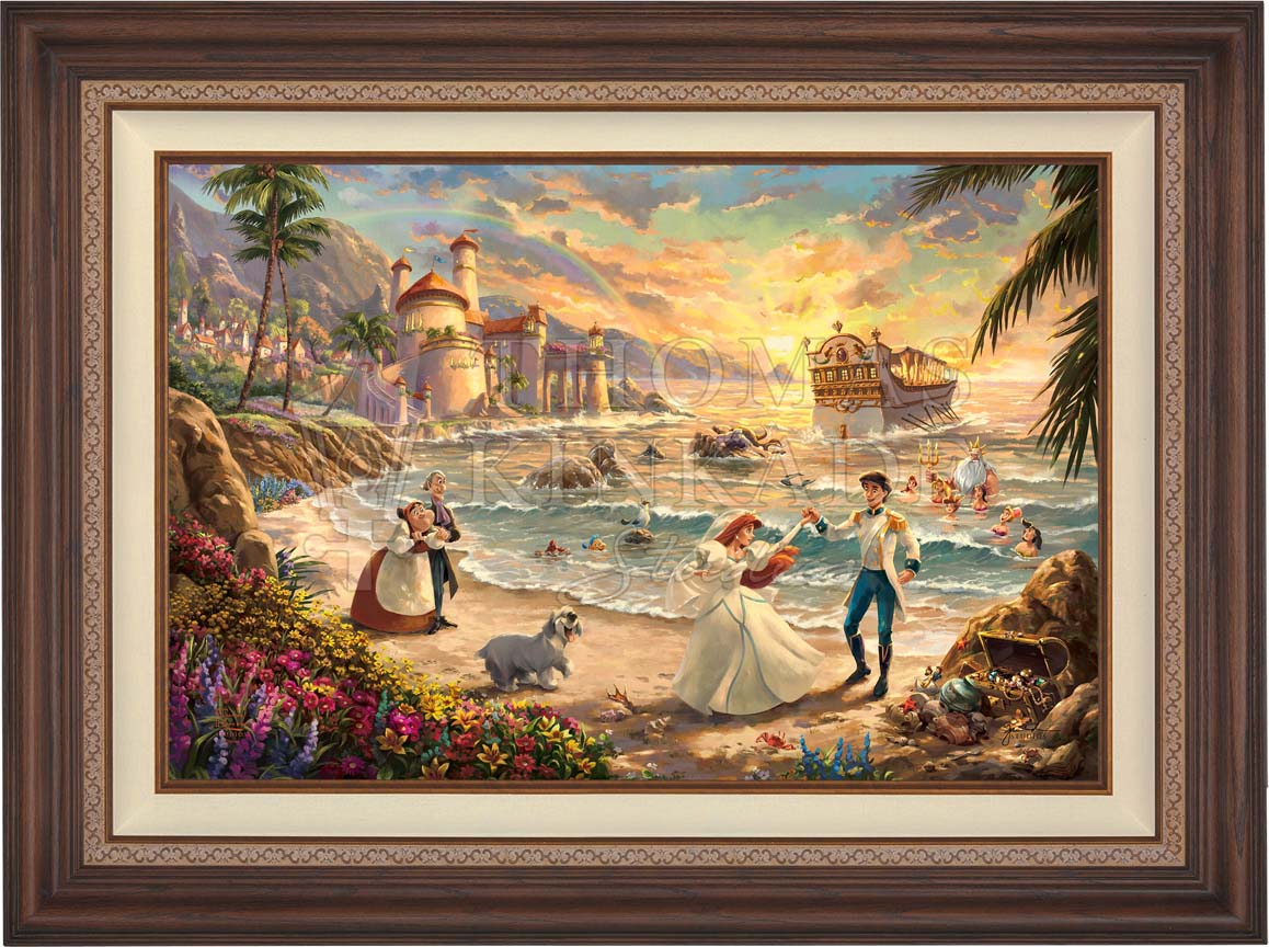 Ariel dances on the sand with her one true love Prince Eric. Max is happily dancing beside them as Sebastian, Flounder, and Scuttle watch from the shore. Ariel’s father, King Triton, sweetly smiles beside his other daughters as they celebrate the love she has found.  - Dark Walnut Frame