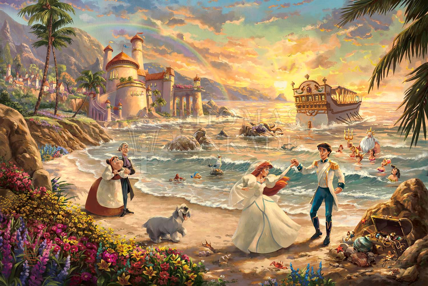 Ariel dances on the sand with her one true love Prince Eric. Max is happily dancing beside them as Sebastian, Flounder, and Scuttle watch from the shore. Ariel’s father, King Triton, sweetly smiles beside his other daughters as they celebrate the love she has found. - Unframed