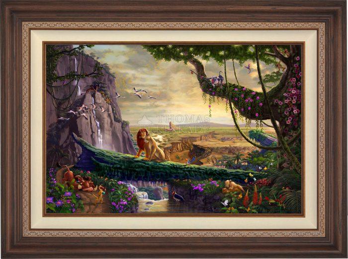 Simba and Nala, as a young adult, finding love, and in the distance presenting his son back on Pride Rock - Dark Walnut Frame.
