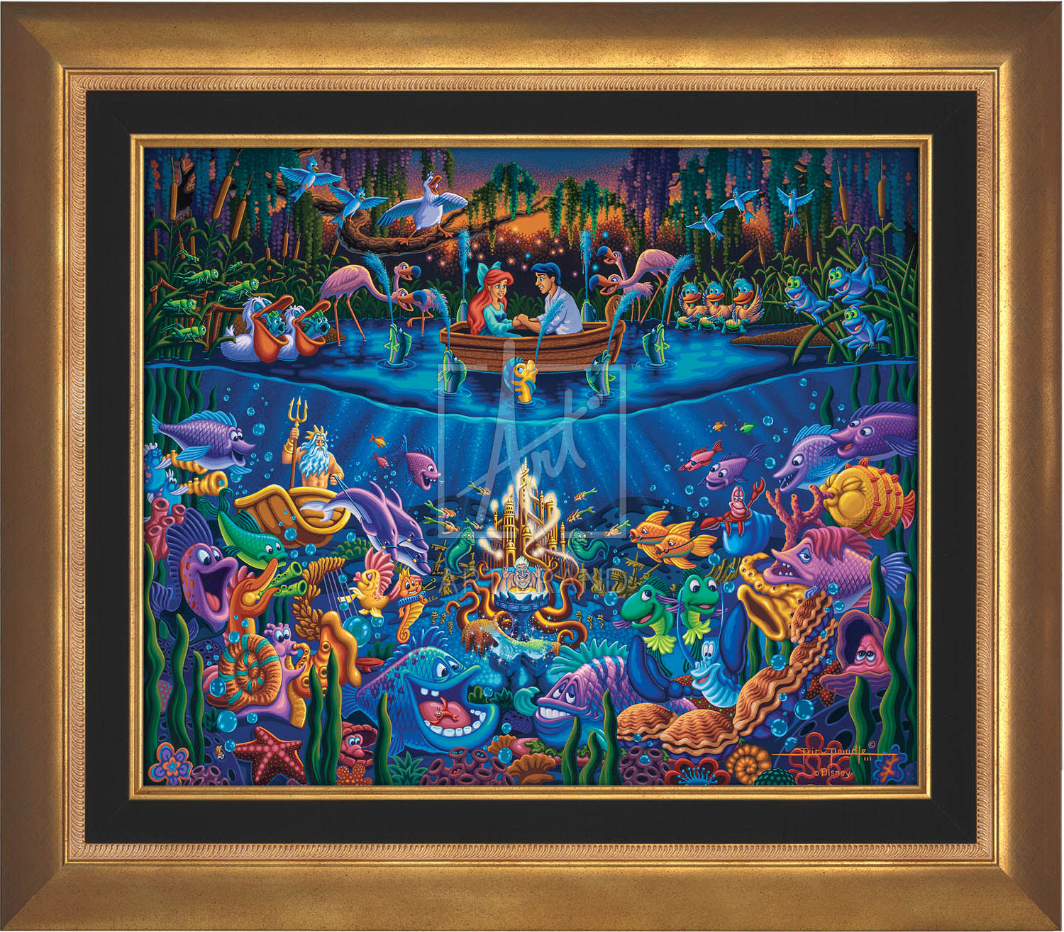 Ariel’s closest friend and confidante, Flounder, adds to the ambiance as he and six friends create a makeshift fountain around Eric’s boat - Aurora Gold Frame.
