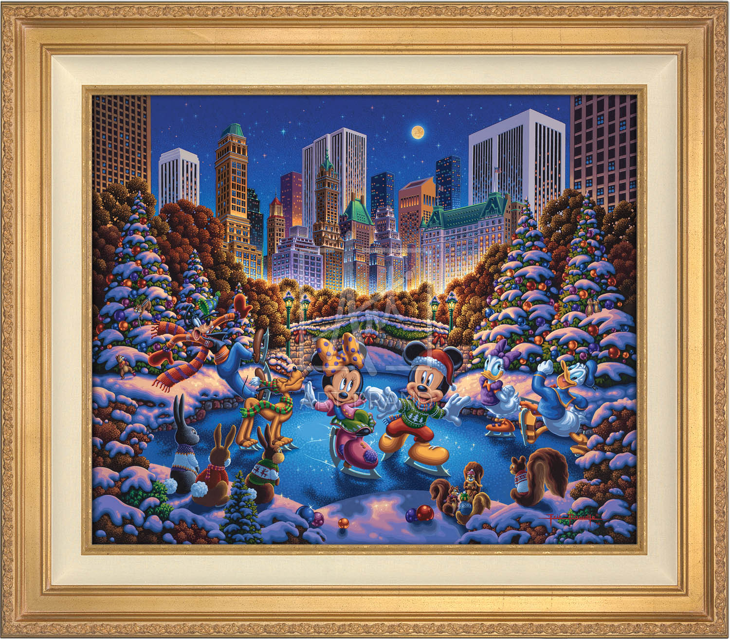Mickey and Minnie dressed from head to toe in traditional holiday attire, as the enjoy evening skating with friends - Antique Gold frame.