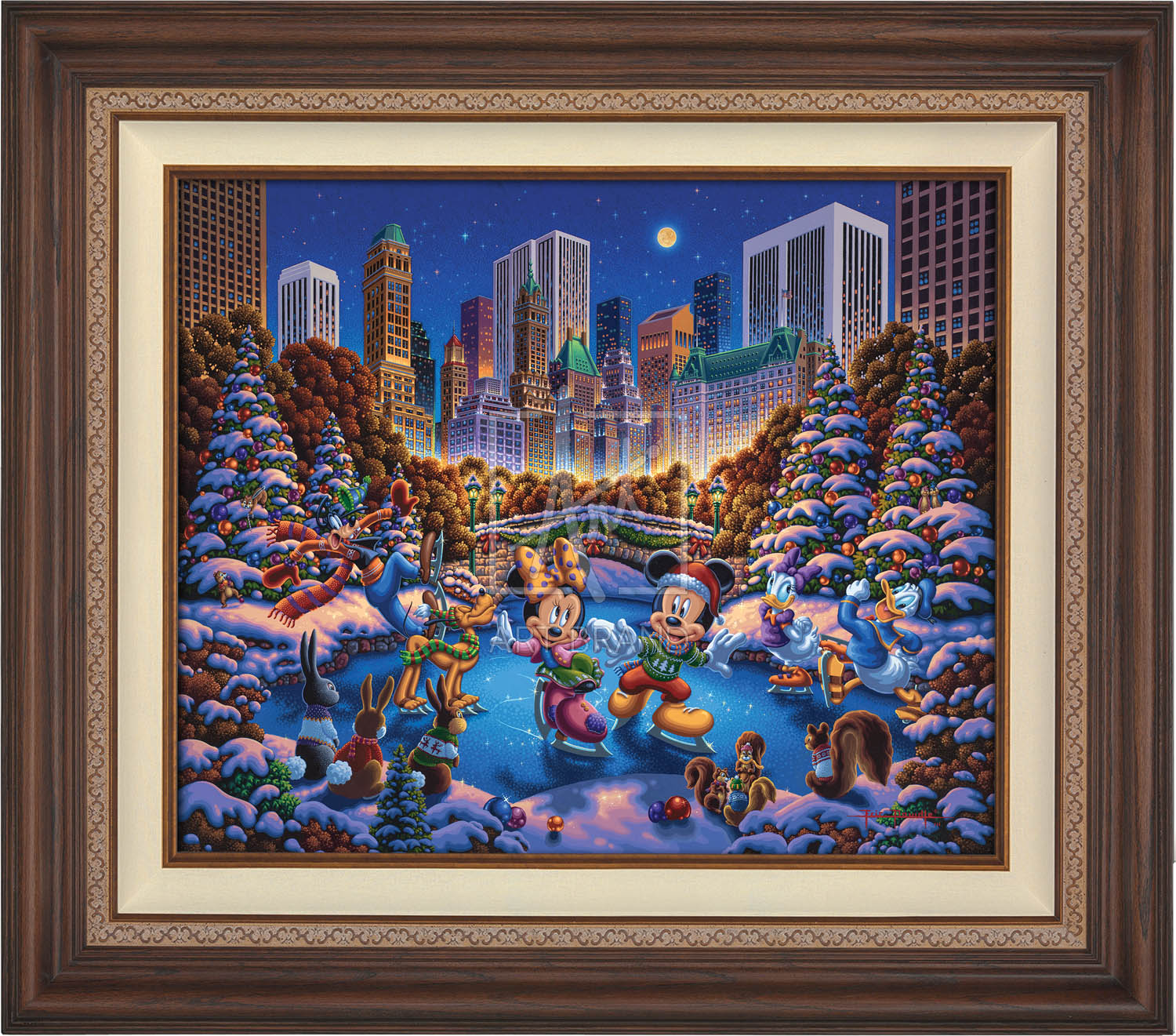 Mickey and Minnie dressed from head to toe in traditional holiday attire, as the enjoy evening skating with friends - Dark Walnut frame.