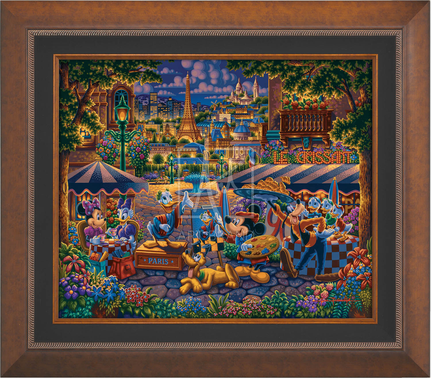 Mickey Mouse and Donald Duck playing the part of both artist and model, as they enjoy the company of friends, in the courtyard plaza in Paris - Aurora Copper Frame