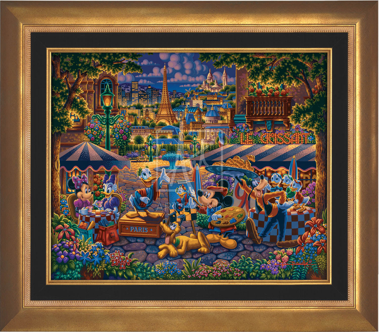 Mickey Mouse and Donald Duck playing the part of both artist and model, as they enjoy the company of friends, in the courtyard plaza in Paris - Aurora Gold Frame