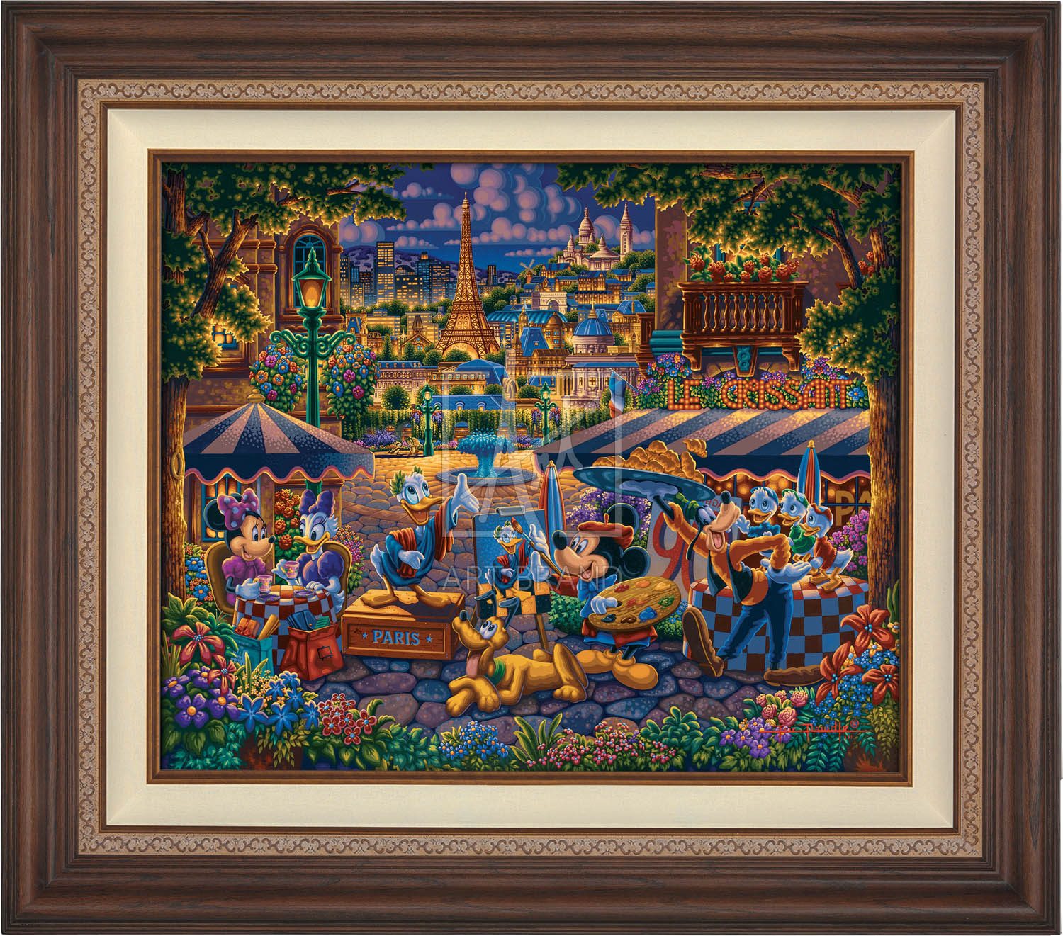 Mickey Mouse and Donald Duck playing the part of both artist and model, as they enjoy the company of friends, in the courtyard plaza in Paris - Dark Walnutd Frame